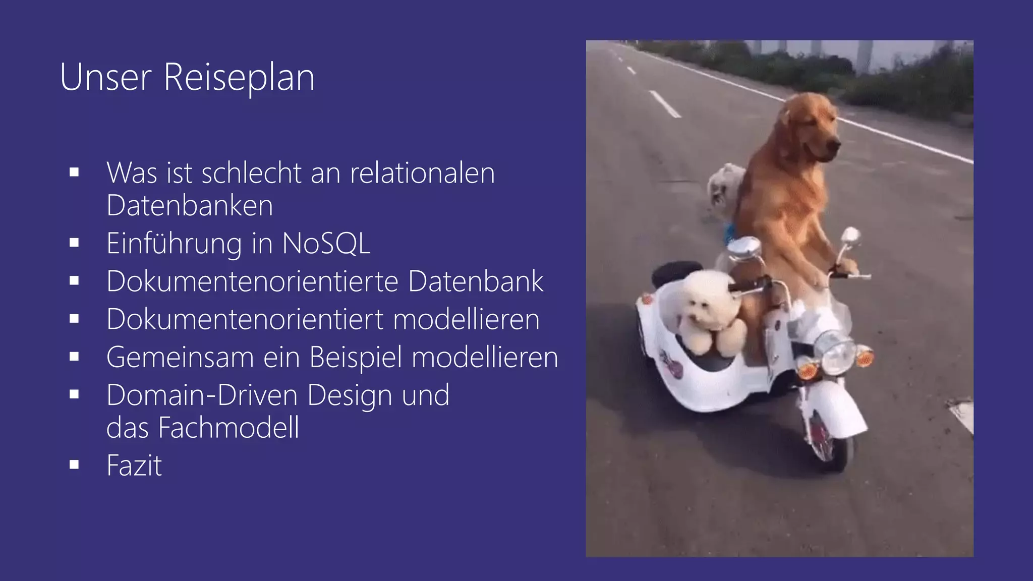 Unser Reiseplan
▪ Was ist schlecht an relationalen
Datenbanken
▪ Einführung in NoSQL
▪ Dokumentenorientierte Datenbank
▪ Dokumentenorientiert modellieren
▪ Gemeinsam ein Beispiel modellieren
▪ Domain-Driven Design und
das Fachmodell
▪ Fazit
 