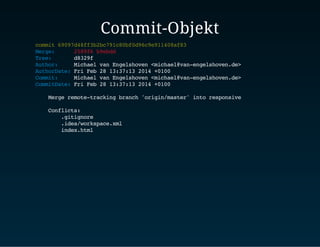 Commit-Objekt
commit69097d48ff3b2bc791c80bf0d96c9e911408af83
Merge: 2589f6b9ebdd
Tree: d8329f
Author: MichaelvanEngelshoven<michael@van-engelshoven.de>
AuthorDate:FriFeb2813:37:132014+0100
Commit: MichaelvanEngelshoven<michael@van-engelshoven.de>
CommitDate:FriFeb2813:37:132014+0100
Mergeremote-trackingbranch'origin/master'intoresponsive
Conflicts:
.gitignore
.idea/workspace.xml
index.html
 