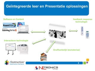 Geïntegreerde leer en Presentatie oplossingen Software en Content feedback response technologie Interactieve technologie Onafhankelijk lesmateriaal. 
