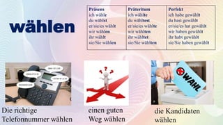 wählen
Die richtige
Telefonnummer wählen
die Kandidaten
wählen
einen guten
Weg wählen
Präsens
ich wähle
du wählst
er/sie/es wählt
wir wählen
ihr wählt
sie/Sie wählen
Präteritum
ich wählte
du wähltest
er/sie/es wählte
wir wählten
ihr wähltet
sie/Sie wählten
Perfekt
ich habe gewählt
du hast gewählt
er/sie/es hat gewählt
wir haben gewählt
ihr habt gewählt
sie/Sie haben gewählt
 