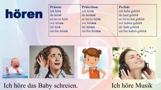 hören
Ich höre Musik
Ich höre das Baby schreien.
Präsens
ich höre
du hörst
er/sie/es hört
wir hören
ihr hört
sie/Sie hören
Präteritum
ich hörte
du hörtest
er/sie/es hörte
wir hörten
ihr hörtet
sie/Sie hörten
Perfekt
ich habe gehört
du hast gehört
er/sie/es hat gehört
wir haben gehört
ihr habt gehört
sie/Sie haben gehört
 