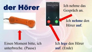 der Hörer
Ich lege den Hörer
auf. (Ende)
Ich nehme das
Gespräch an.
Einen Moment bitte, ich
unterbreche. (Pause)
Ich nehme den
Hörer auf.
 