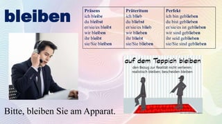 bleiben
Bitte, bleiben Sie am Apparat.
Präsens
ich bleibe
du bleibst
er/sie/es bleibt
wir bleiben
ihr bleibt
sie/Sie bleiben
Präteritum
ich blieb
du bliebst
er/sie/es blieb
wir blieben
ihr bliebt
sie/Sie blieben
Perfekt
ich bin geblieben
du bist geblieben
er/sie/es ist geblieben
wir sind geblieben
ihr seid geblieben
sie/Sie sind geblieben
 