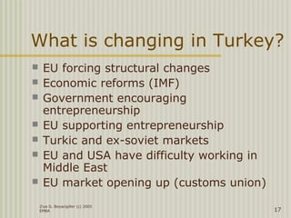Ziya G. Boyacigiller (c) 2005
EMBA 17
What is changing in Turkey?
 EU forcing structural changes
 Economic reforms (IMF)
 Government encouraging
entrepreneurship
 EU supporting entrepreneurship
 Turkic and ex-soviet markets
 EU and USA have difficulty working in
Middle East
 EU market opening up (customs union)
 