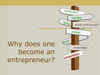 Why does one
become an
entrepreneur?
money
excitement
power
fame
work
social contribution
knowledge
competition
 
