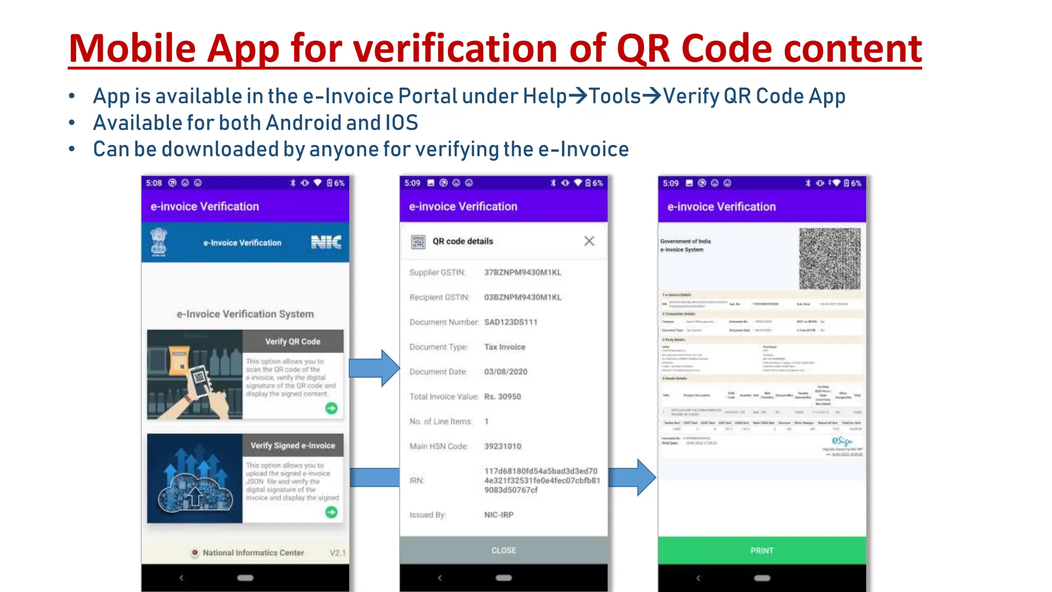 Mobile App for verification of QR Code content
• App is available in the e-Invoice Portal under HelpToolsVerify QR Code App
• Available for both Android and IOS
• Can be downloadedby anyone for verifyingthe e-Invoice
 