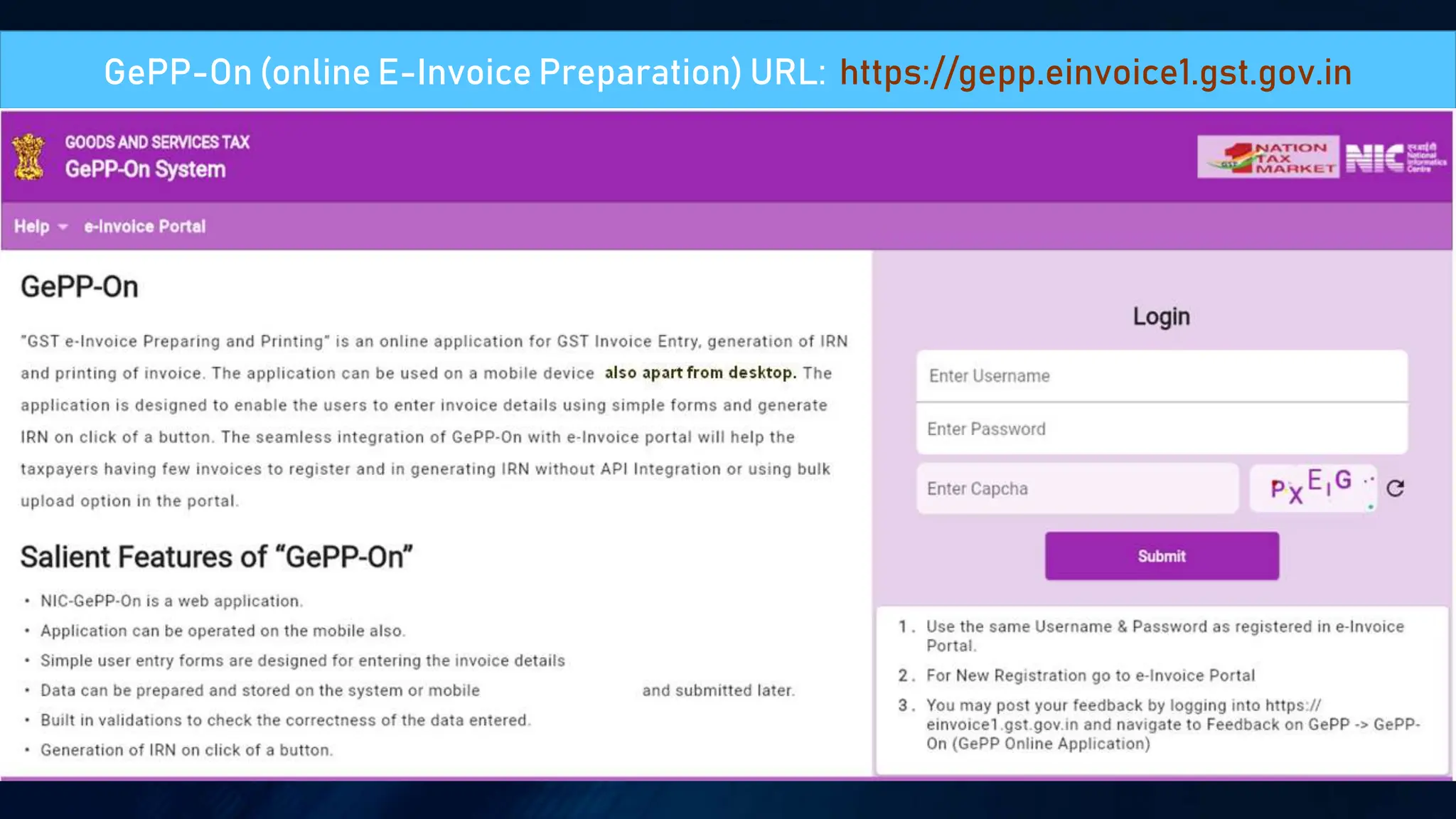 GePP-On (online E-Invoice Preparation) URL: https://gepp.einvoice1.gst.gov.in
 