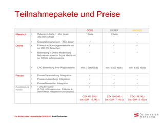 Ein Winter voller Lebensfreude 2015/2016 Markt Tschechien
Teilnahmepakete und Preise
GOLD SILBER BRONZE
Klassisch • Österreich-Karte, 1 Mio. Leser,
300.000 Auflage
1 Seite 1 Seite -
• Kooperationsanzeigen, 1 Mio. Leser  - -
Online • Präsenz auf Kampagnenwebsite mit
ca. 200.000 Besuchen
  
• Bewerbung in Online Medien und
Netzwerken sowie in Social Media mit
ca. 60 Mio. Adimpressions
  
• CPC-Bewerbung Ihrer Angebotsseite min. 7.000 Klicks min. 4.500 Klicks min. 4.500 Klicks
Presse • Presse-Veranstaltung: Integration  - -
• Presse-Aussendung: Integration  - -
• Presse-Newsletter: Integration   -
Zusatzleistung
Partner
• 1 Urlaubsvoucher
(2 PAX im Doppelzimmer, 3 Nächte, 4-
Sterne Hotel, Halbpension und Skipass)
 - -
CZK 417.576,-
(ca. EUR 15.240,-)
CZK 194.540,-
(ca. EUR 7.100,-)
CZK 139.740,-
(ca. EUR 5.100,-)
 