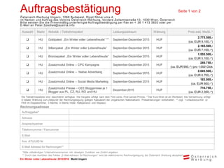 Ein Winter voller Lebensfreude 2015/2016 Markt Ungarn
Auftragsbestätigung Seite 1 von 2
Österreich Werbung Ungarn, 1068 Budapest, Rippl Rónai utca 4.
im Namen und Auftrag des Vereins Österreich Werbung, Vordere Zollamtsstraße 13, 1030 Wien, Österreich
Bitte senden Sie die firmenmäßig unterfertigte Auftragsbestätigung per Fax an + 36 1 413 3920 oder per
E-Mail an Peter.Szedlak@austria.info
Die Teilnahmepakete sind beschränkt verfügbar. Die Vergabe erfolgt nach dem First come, First served-Prinzip. * Der Euro-Wert ist ein Richtwert. Die Verrechnung erfolgt
in lokaler Währung zum Zeitpunkt der Rechnungslegung gültigen Kassawert der Ungarischen Nationalbank. Preisänderungen vorbehalten. ** zzgl. 1 Urlaubsvoucher (2
PAX im Doppelzimmer, 3 Nächte, 4-Sterne Hotel, Halbpension und Skipass)
Rechnungsadresse
Auftraggeber*
Adresse
Ansprechpartner
Telefonnummer / Faxnummer
E-Mail
Ihre ATU/UID Nr
E-Mail Adresse für Rechnungen**
*Bitte vollständigen Unternehmensnamen inkl. etwaigen Zusätzen wie GmbH angeben
** Durch das Ausfüllen des Feldes „E-Mail-Adresse für Rechnungen“ wird die elektronische Rechnungslegung der Österreich Werbung akzeptiert.
Auswahl Markt Aktivität / Teilnahmepaket Leistungszeitraum Währung Preis exkl. MwSt. *
 HU Goldpaket „Ein Winter voller Lebensfreude“ ** September-Dezember 2015 HUF
2.775.500,-
(ca. EUR 9.100,-*)
 HU Silberpaket „Ein Winter voller Lebensfreude“ September-Dezember 2015 HUF
2.165.500,-
(ca. EUR 7.100,-*)
 HU Bronzepaket „Ein Winter voller Lebensfreude“ September-Dezember 2015 HUF
1.555.500,-
(ca. EUR 5.100,-*)
 HU Zusatzmodul Online – CPC Kampagne September-Dezember 2015 HUF
289.750,-
(ca. EUR 950,-*) pro 1.000 Click
 HU Zusatzmodul Online – Native Advertising September-Dezember 2015 HUF
2.043.500,-
(ca. EUR 6.700,-*)
 HU Zusatzmodul Online – Social Media Marketing September-Dezember 2015 HUF
183.000,-
(ca. EUR 600,-*)
 HU
Zusatzmodul Presse – CEE Bloggerreise je 1
Blogger aus PL, CZ, RU, RO und HU
Dezember 2015 HUF
716.750,-
(ca. EUR 2.350,-*)
 