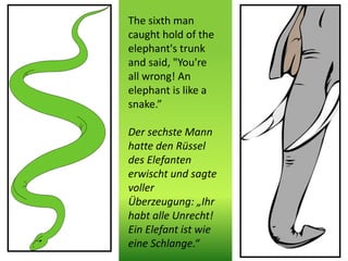 The sixth man
caught hold of the
elephant's trunk
and said, "You're
all wrong! An
elephant is like a
snake.”
Der sechste Mann
hatte den Rüssel
des Elefanten
erwischt und sagte
voller
Überzeugung: „Ihr
habt alle Unrecht!
Ein Elefant ist wie
eine Schlange.“
 