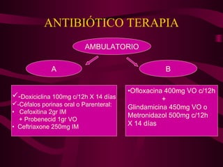ANTIBIÓTICO TERAPIA
                          AMBULATORIO


              A                                   B

                                       •Ofloxacina 400mg VO c/12h
-Doxiciclina 100mg c/12h X 14 días               +
-Céfalos porinas oral o Parenteral:
                                       Glindamicina 450mg VO o
• Cefoxitina 2gr IM
                                       Metronidazol 500mg c/12h
  + Probenecid 1gr VO
• Ceftriaxone 250mg IM                 X 14 días
 