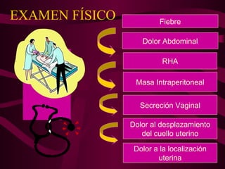 EXAMEN FÍSICO            Fiebre

                   Dolor Abdominal

                          RHA

                 Masa Intraperitoneal


                  Secreción Vaginal

                Dolor al desplazamiento
                   del cuello uterino

                 Dolor a la localización
                        uterina
 