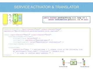 <service-activator input-channel="save" output-channel="done" 
expression="@profileService.pending(headers.uuid, payload)" /> 
<chain input-channel="email" output-channel="done"> 
<int-mail:header-enricher> 
<int-mail:from value="EIP" /> 
<int-mail:to expression="payload.email" /> 
<int-mail:subject value="Registration confirmation" /> 
</int-mail:header-enricher> 
<transformer 
expression="'Dear ' + payload.name + ', please click on the following link 
#{ environment['host.name'] }/confirm/' + headers.uuid 
+ ' in order to confirm email address.'" /> 
</chain> 
SERVICE ACTIVATOR & TRANSLATOR 
public boolean pending(String uuid, Long id) { 
return confirmations.put(uuid, id) == null; 
} 
 