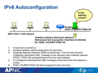 IPv6 Autoconfiguration
Tentative address (link-local address)
Well-known link local prefix +Interface ID (EUI-64)
Ex: FE80::310:BAFF:FE64:1D
Is this
address
unique?
1.  A new host is turned on.
2.  Tentative address will be assigned to the new host.
3.  Duplicate Address Detection (DAD) is performed. First the host transmit
a Neighbor Solicitation (NS) message to the solicited node multicast address
(FF02::1:FF64:1D) corresponding to its to be used address
5.  If no Neighbor Advertisement (NA) message comes back then the address is
unique.
6.  FE80::310:BAFF:FE64:1D will be assigned to the new host.
Assign
FE80::310:BAFF:FE64:1D
2001:1234:1:1/64 network
 