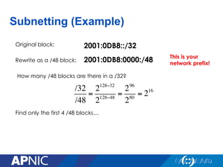 Subnetting (Example)
2001:0DB8::/32
2001:0DB8:0000:/48
Original block:
Rewrite as a /48 block:
This is your
network prefix!
How many /48 blocks are there in a /32?
/32
/48
=
2128−32
2128−48
=
296
280
= 216
Find only the first 4 /48 blocks…
 
