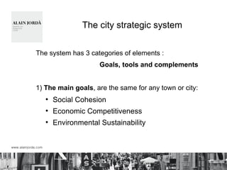 The city strategic system
The system has 3 categories of elements :
Goals, tools and complements
1) The main goals, are the same for any town or city:
●
Social Cohesion
●
Economic Competitiveness
●
Environmental Sustainability
 