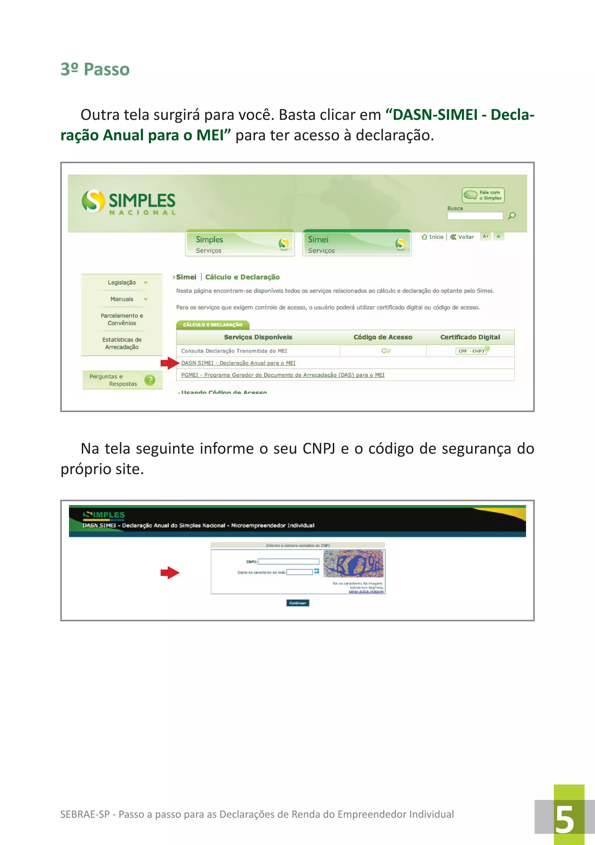 SEBRAE-SP - Passo a passo para as Declarações de Renda do Empreendedor Individual
5
3º Passo
Outra tela surgirá para você. Basta clicar em “DASN-SIMEI - Decla-
ração Anual para o MEI” para ter acesso à declaração.
Na tela seguinte informe o seu CNPJ e o código de segurança do
próprio site.
 