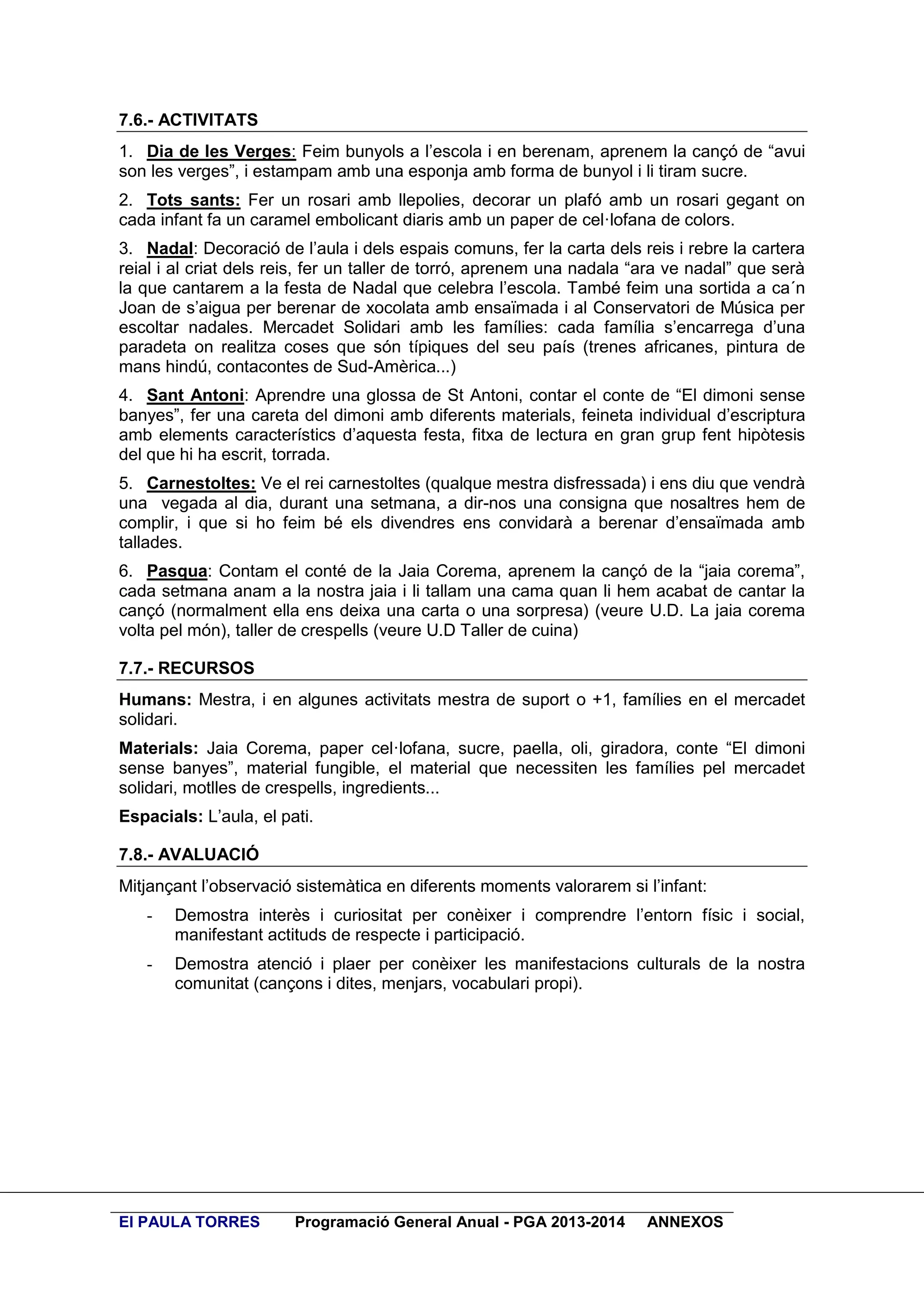 7.6.- ACTIVITATS
1. Dia de les Verges: Feim bunyols a l’escola i en berenam, aprenem la cançó de “avui
son les verges”, i estampam amb una esponja amb forma de bunyol i li tiram sucre.
2. Tots sants: Fer un rosari amb llepolies, decorar un plafó amb un rosari gegant on
cada infant fa un caramel embolicant diaris amb un paper de cel·lofana de colors.
3. Nadal: Decoració de l’aula i dels espais comuns, fer la carta dels reis i rebre la cartera
reial i al criat dels reis, fer un taller de torró, aprenem una nadala “ara ve nadal” que serà
la que cantarem a la festa de Nadal que celebra l’escola. També feim una sortida a ca´n
Joan de s’aigua per berenar de xocolata amb ensaïmada i al Conservatori de Música per
escoltar nadales. Mercadet Solidari amb les famílies: cada família s’encarrega d’una
paradeta on realitza coses que són típiques del seu país (trenes africanes, pintura de
mans hindú, contacontes de Sud-Amèrica...)
4. Sant Antoni: Aprendre una glossa de St Antoni, contar el conte de “El dimoni sense
banyes”, fer una careta del dimoni amb diferents materials, feineta individual d’escriptura
amb elements característics d’aquesta festa, fitxa de lectura en gran grup fent hipòtesis
del que hi ha escrit, torrada.
5. Carnestoltes: Ve el rei carnestoltes (qualque mestra disfressada) i ens diu que vendrà
una vegada al dia, durant una setmana, a dir-nos una consigna que nosaltres hem de
complir, i que si ho feim bé els divendres ens convidarà a berenar d’ensaïmada amb
tallades.
6. Pasqua: Contam el conté de la Jaia Corema, aprenem la cançó de la “jaia corema”,
cada setmana anam a la nostra jaia i li tallam una cama quan li hem acabat de cantar la
cançó (normalment ella ens deixa una carta o una sorpresa) (veure U.D. La jaia corema
volta pel món), taller de crespells (veure U.D Taller de cuina)
7.7.- RECURSOS
Humans: Mestra, i en algunes activitats mestra de suport o +1, famílies en el mercadet
solidari.
Materials: Jaia Corema, paper cel·lofana, sucre, paella, oli, giradora, conte “El dimoni
sense banyes”, material fungible, el material que necessiten les famílies pel mercadet
solidari, motlles de crespells, ingredients...
Espacials: L’aula, el pati.
7.8.- AVALUACIÓ
Mitjançant l’observació sistemàtica en diferents moments valorarem si l’infant:
-

Demostra interès i curiositat per conèixer i comprendre l’entorn físic i social,
manifestant actituds de respecte i participació.

-

Demostra atenció i plaer per conèixer les manifestacions culturals de la nostra
comunitat (cançons i dites, menjars, vocabulari propi).

EI PAULA TORRES

Programació General Anual - PGA 2013-2014

ANNEXOS

 