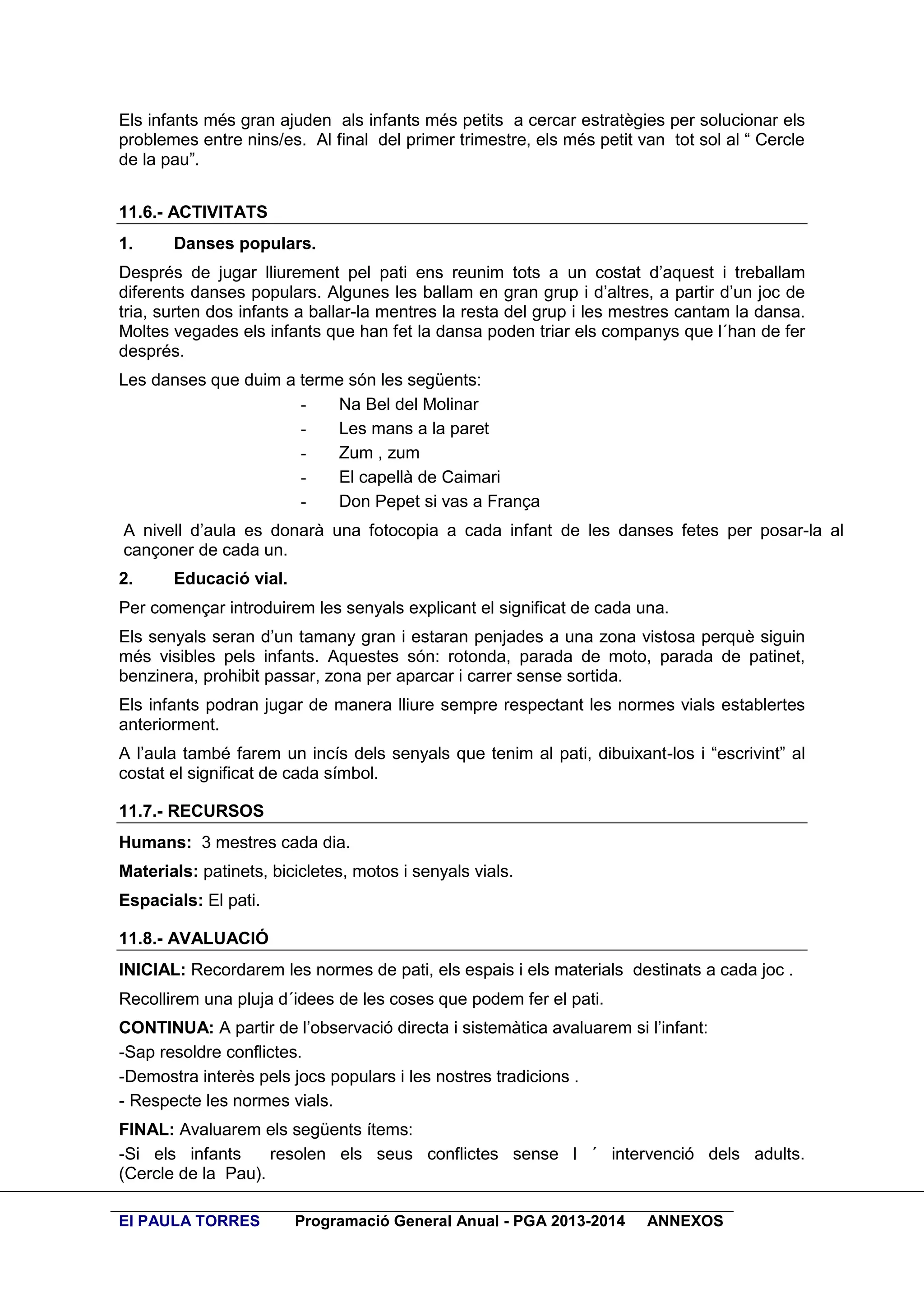Els infants més gran ajuden als infants més petits a cercar estratègies per solucionar els
problemes entre nins/es. Al final del primer trimestre, els més petit van tot sol al “ Cercle
de la pau”.
11.6.- ACTIVITATS
1.

Danses populars.

Després de jugar lliurement pel pati ens reunim tots a un costat d’aquest i treballam
diferents danses populars. Algunes les ballam en gran grup i d’altres, a partir d’un joc de
tria, surten dos infants a ballar-la mentres la resta del grup i les mestres cantam la dansa.
Moltes vegades els infants que han fet la dansa poden triar els companys que l´han de fer
després.
Les danses que duim a terme són les següents:
Na Bel del Molinar
Les mans a la paret
Zum , zum
El capellà de Caimari
Don Pepet si vas a França
A nivell d’aula es donarà una fotocopia a cada infant de les danses fetes per posar-la al
cançoner de cada un.
2.

Educació vial.

Per començar introduirem les senyals explicant el significat de cada una.
Els senyals seran d’un tamany gran i estaran penjades a una zona vistosa perquè siguin
més visibles pels infants. Aquestes són: rotonda, parada de moto, parada de patinet,
benzinera, prohibit passar, zona per aparcar i carrer sense sortida.
Els infants podran jugar de manera lliure sempre respectant les normes vials establertes
anteriorment.
A l’aula també farem un incís dels senyals que tenim al pati, dibuixant-los i “escrivint” al
costat el significat de cada símbol.
11.7.- RECURSOS
Humans: 3 mestres cada dia.
Materials: patinets, bicicletes, motos i senyals vials.
Espacials: El pati.
11.8.- AVALUACIÓ
INICIAL: Recordarem les normes de pati, els espais i els materials destinats a cada joc .
Recollirem una pluja d´idees de les coses que podem fer el pati.
CONTINUA: A partir de l’observació directa i sistemàtica avaluarem si l’infant:
-Sap resoldre conflictes.
-Demostra interès pels jocs populars i les nostres tradicions .
- Respecte les normes vials.
FINAL: Avaluarem els següents ítems:
-Si els infants
resolen els seus conflictes sense l ´ intervenció dels adults.
(Cercle de la Pau).
EI PAULA TORRES

Programació General Anual - PGA 2013-2014

ANNEXOS

 