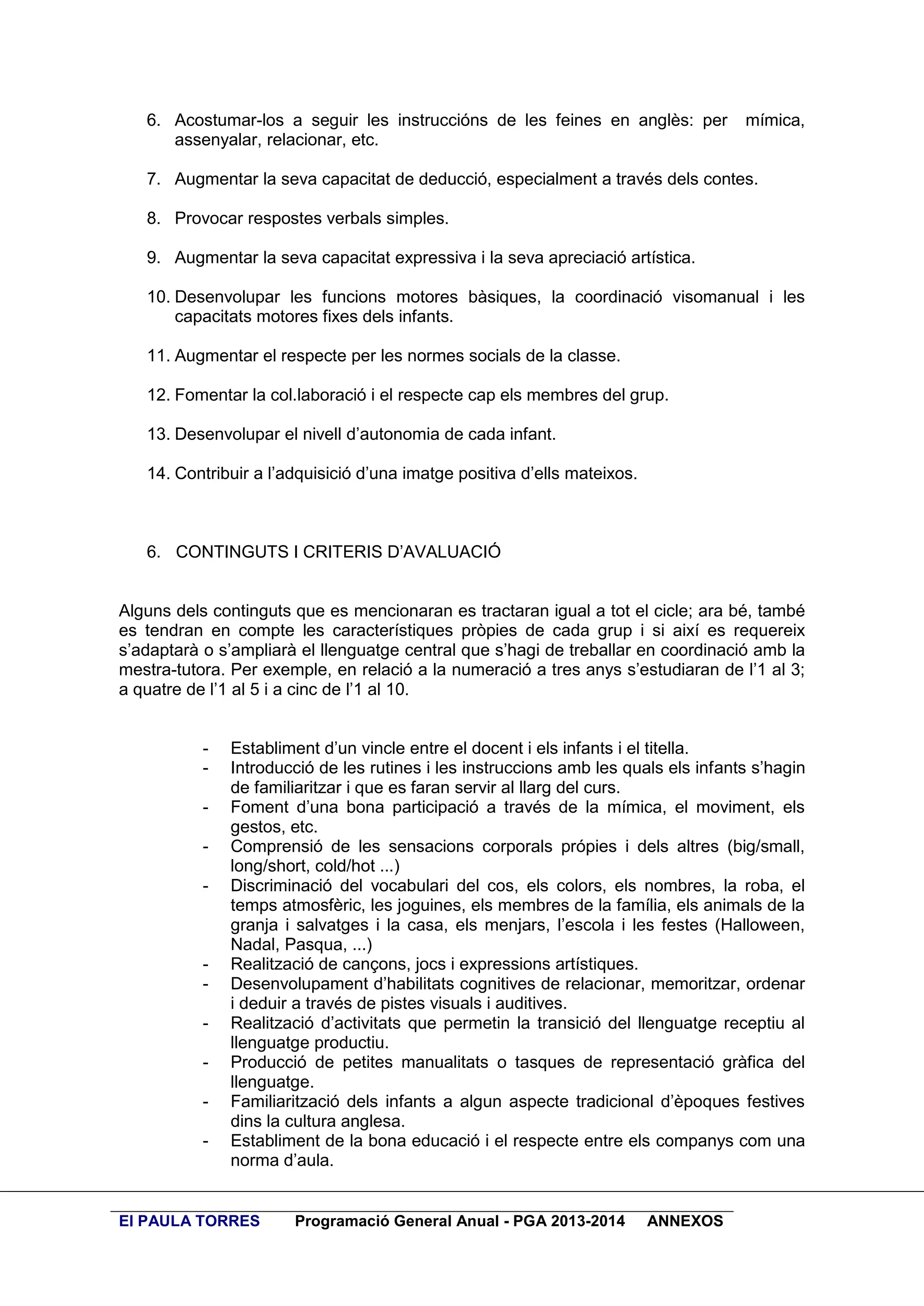 6. Acostumar-los a seguir les instruccións de les feines en anglès: per
assenyalar, relacionar, etc.

mímica,

7. Augmentar la seva capacitat de deducció, especialment a través dels contes.
8. Provocar respostes verbals simples.
9. Augmentar la seva capacitat expressiva i la seva apreciació artística.
10. Desenvolupar les funcions motores bàsiques, la coordinació visomanual i les
capacitats motores fixes dels infants.
11. Augmentar el respecte per les normes socials de la classe.
12. Fomentar la col.laboració i el respecte cap els membres del grup.
13. Desenvolupar el nivell d’autonomia de cada infant.
14. Contribuir a l’adquisició d’una imatge positiva d’ells mateixos.

6. CONTINGUTS I CRITERIS D’AVALUACIÓ

Alguns dels continguts que es mencionaran es tractaran igual a tot el cicle; ara bé, també
es tendran en compte les característiques pròpies de cada grup i si així es requereix
s’adaptarà o s’ampliarà el llenguatge central que s’hagi de treballar en coordinació amb la
mestra-tutora. Per exemple, en relació a la numeració a tres anys s’estudiaran de l’1 al 3;
a quatre de l’1 al 5 i a cinc de l’1 al 10.

-

-

Establiment d’un vincle entre el docent i els infants i el titella.
Introducció de les rutines i les instruccions amb les quals els infants s’hagin
de familiaritzar i que es faran servir al llarg del curs.
Foment d’una bona participació a través de la mímica, el moviment, els
gestos, etc.
Comprensió de les sensacions corporals própies i dels altres (big/small,
long/short, cold/hot ...)
Discriminació del vocabulari del cos, els colors, els nombres, la roba, el
temps atmosfèric, les joguines, els membres de la família, els animals de la
granja i salvatges i la casa, els menjars, l’escola i les festes (Halloween,
Nadal, Pasqua, ...)
Realització de cançons, jocs i expressions artístiques.
Desenvolupament d’habilitats cognitives de relacionar, memoritzar, ordenar
i deduir a través de pistes visuals i auditives.
Realització d’activitats que permetin la transició del llenguatge receptiu al
llenguatge productiu.
Producció de petites manualitats o tasques de representació gràfica del
llenguatge.
Familiarització dels infants a algun aspecte tradicional d’èpoques festives
dins la cultura anglesa.
Establiment de la bona educació i el respecte entre els companys com una
norma d’aula.

EI PAULA TORRES

Programació General Anual - PGA 2013-2014

ANNEXOS

 
