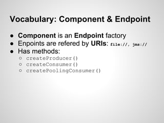 Vocabulary: Component & Endpoint
● Component is an Endpoint factory
● Enpoints are refered by URIs: file://, jms://
● Has methods:
○ createProducer()
○ createConsumer()
○ createPoolingConsumer()
 