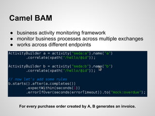 Camel BAM
● business activity monitoring framework
● monitor business processes across multiple exchanges
● works across different endpoints
For every purchase order created by A, B generates an invoice.
 