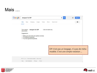 Mais …
designer for EIP
designer for EIP
EIP n’est pas un langage, n’a pas de méta-
modèle. C’est une simple notation …
 