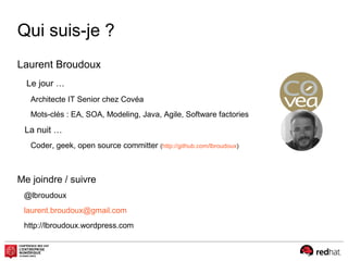 Qui suis-je ?
Laurent Broudoux
Le jour …
Architecte IT Senior chez Covéa
Mots-clés : EA, SOA, Modeling, Java, Agile, Software factories
La nuit …
Coder, geek, open source committer (http://github.com/lbroudoux)
Me joindre / suivre
@lbroudoux
laurent.broudoux@gmail.com
http://lbroudoux.wordpress.com
 