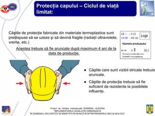 Protecţia capului – Ciclul de viaţă
limitat:
Căştile de protecţie fabricate din materiale termoplastice sunt
predispuse să se uzeze şi să devină fragile (radiaţii ultraviolete,
vreme, etc.)
Acestea trebuie să fie aruncate după maximum 4 ani de la
data de producţie.
● Căştile care sunt vizibil stricate trebuie
aruncate.
● Căştile de protecţie trebuie să fie
suficient de rezistente la posibilele
influenţe.
Proiect de înfrăţire instituţională ROMÂNIA - AUSTRIA
“IMPLEMENTAREA LEGISLAŢIEI ARMONIZATE
ÎN DOMENIUL SECURITĂŢII ŞI SĂNĂTĂŢII ÎN MUNCĂ ÎN ÎNTREPRINDERILE MICI ŞI MIJLOCII”
 