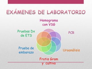 Hemograma
con VSG
PCR
Uroanálisis
Frotis Gram
y cultivo
Prueba de
embarazo
Pruebas Dx
de ETS
 