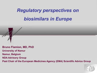 Bruno Flamion, MD, PhD
University of Namur
Namur, Belgium
NDA Advisory Group
Past Chair of the European Medicines Agency (EMA) Scientific Advice Group
Regulatory perspectives on
biosimilars in Europe
 