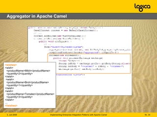 Aggregator in Apache Camel <wishes> <wish>   <productName>Milch</productName>   <quantity>2</quantity> </wish>  <wish>   <productName>Brot</productName>   <quantity>1</quantity> </wish> <wish>   <productName>Tomaten</productName>   <quantity>3</quantity> </wish> … </wishes> 
