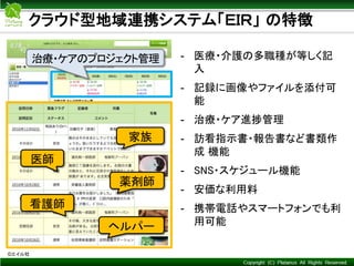 Copyright © Mediva Inc. All Rights Reserved.
- 医療・介護の多職種が等しく記
入
- 記録に画像やファイルを添付可
能
- 治療・ケア進捗管理
- 訪看指示書・報告書など書類作
成 機能
- SNS・スケジュール機能
- 安価な利用料
- 携帯電話やスマートフォンでも利
用可能
家族
薬剤師
医師
看護師
ヘルパー
治療・ケアのプロジェクト管理
©エイル社
クラウド型地域連携システム「ＥＩＲ」 の特徴
 