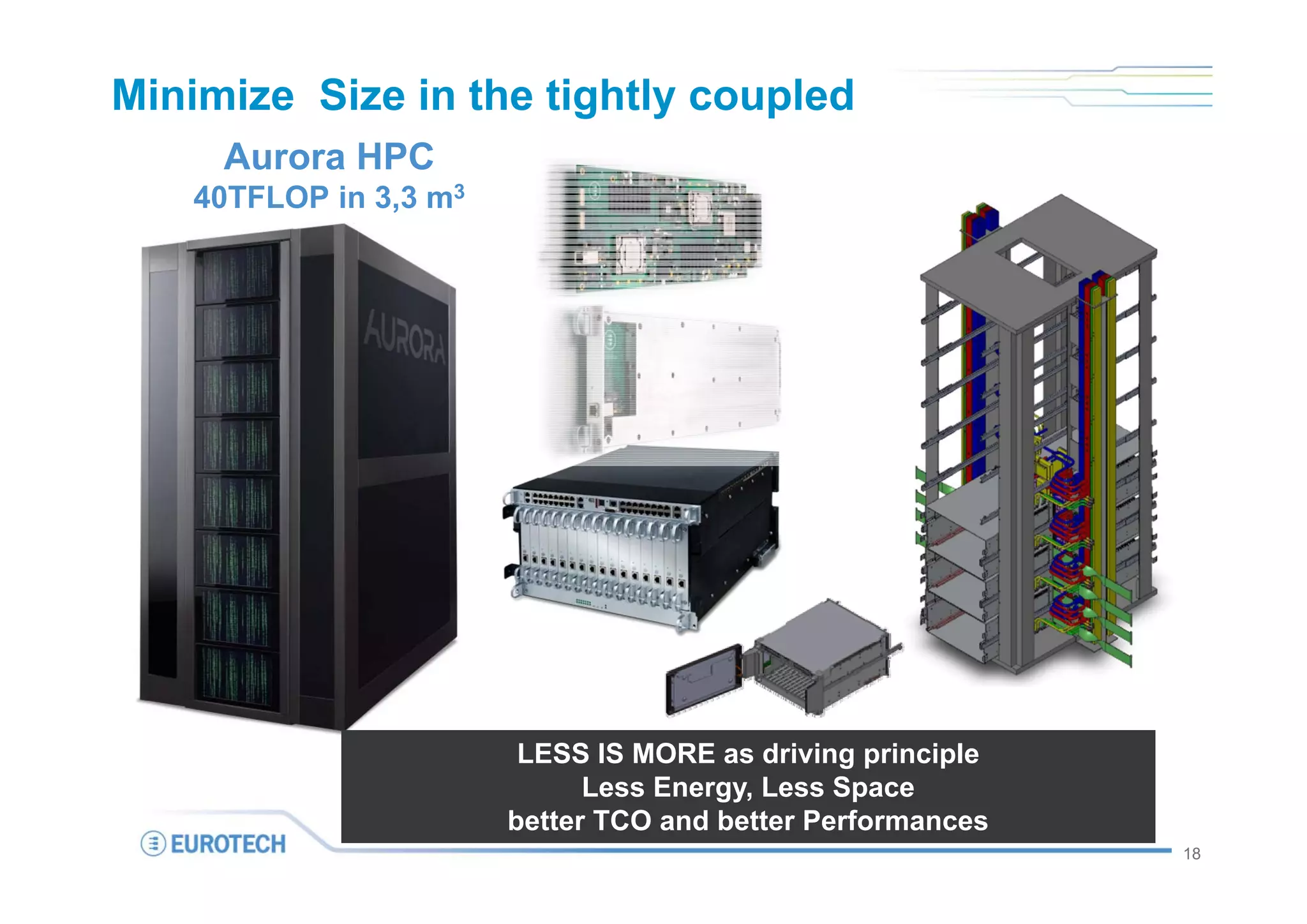 Minimize Size in the tightly coupled
     Aurora HPC
   40TFLOP in 3,3 m3




                        LESS IS MORE as driving principle
                             Less Energy, Less Space
                       better TCO and better Performances
                                                            18
 