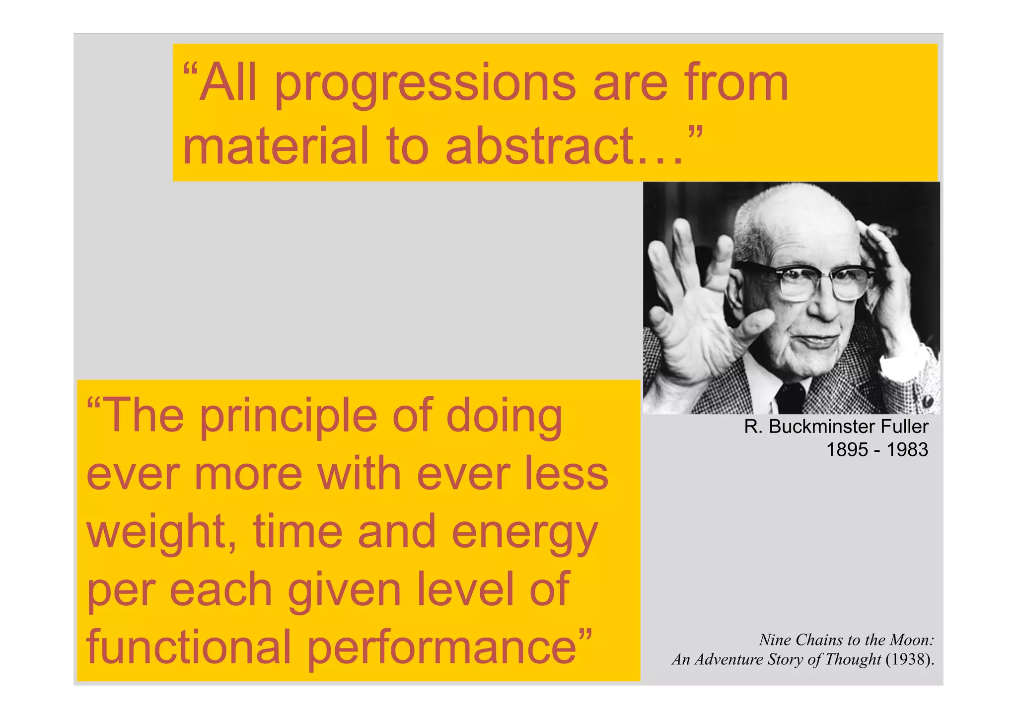“All progressions are from
    material to abstract…”




“The principle of doing              R. Buckminster Fuller
                                             1895 - 1983
ever more with ever less
weight, time and energy
per each given level of
functional performance”
        EIRMA
      Cannes 2011
                  8
                                      Nine Chains to the Moon:
                           An Adventure Story of Thought (1938).
 