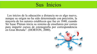 Sus Inicios 
Los inicios de la educación a distancia no es algo nuevo, 
aunque su origen no ha sido determinado con precisión, la 
mayoría de los autores establecen que fue en 1840, cuando 
Sir Isaac Pitman inicia su sistema de enseñanza por correo 
para impartir cursos de estenografía por correspondencia 
en Gran Bretaña”. (HORTON, 2000). 
 