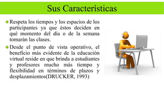 Sus Características 
Respeta los tiempos y los espacios de los 
participantes ya que éstos deciden en 
qué momento del día o de la semana 
tomarán las clases. 
Desde el punto de vista operativo, el 
beneficio más evidente de la educación 
virtual reside en que brinda a estudiantes 
y profesores mucho más tiempo y 
flexibilidad en términos de plazos y 
desplazamientos(DRUCKER, 1993) 
 