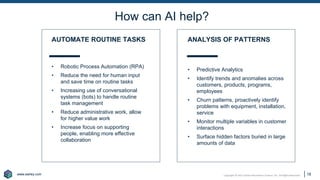 www.earley.com
www.earley.com Copyright © 2021 Earley Information Science, Inc. All Rights Reserved.
How can AI help?
18
ANALYSIS OF PATTERNS
• Predictive Analytics
• Identify trends and anomalies across
customers, products, programs,
employees
• Churn patterns, proactively identify
problems with equipment, installation,
service
• Monitor multiple variables in customer
interactions
• Surface hidden factors buried in large
amounts of data
AUTOMATE ROUTINE TASKS
• Robotic Process Automation (RPA)
• Reduce the need for human input
and save time on routine tasks
• Increasing use of conversational
systems (bots) to handle routine
task management
• Reduce administrative work, allow
for higher value work
• Increase focus on supporting
people, enabling more effective
collaboration
 