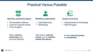 www.earley.com
www.earley.com Copyright © 2021 Earley Information Science, Inc. All Rights Reserved.
Practical Versus Possible
20
• Conversation balance
• Level of customer stress
• Tone of agent
• Load balancing
• Scheduling
• Assessments of knowledge
• Soft skill gaps
Real-time sentiment analysis Custom eLearning
Workforce optimization
Allows real time
intervention and
improved feedback.
Uses data on external
events such as weather-
related disruptions.
Creates tailored training
for remediation.
 