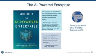 www.earley.com
www.earley.com Copyright © 2021 Earley Information Science, Inc. All Rights Reserved.
The AI Powered Enterprise
4
“A great resource to separate the
hype from the reality and a
practical guide to achieve real
business outcomes using AI
technology.”
—Peter N Johnson, MetLife
Fellow, SVP, MetLife
“I do not know of any books that have
such useful and detailed advice on the
relationship between data and
successful conversational AI
systems.”
—Tom Davenport, President’s
Distinguished Professor at Babson
College, Research Fellow at MIT
Initiative on the Digital Economy, and
author of Only Humans Need Apply
and The AI Advantage
Winner of the Axiom
Silver Award for
Business and AI
 