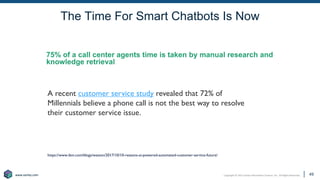 Copyright © 2021 Earley Information Science, Inc. All Rights Reserved.
www.earley.com
www.earley.com
The Time For Smart Chatbots Is Now
49
75% of a call center agents time is taken by manual research and
knowledge retrieval
https://www.ibm.com/blogs/watson/2017/10/10-reasons-ai-powered-automated-customer-service-future/
A recent customer service study revealed that 72% of
Millennials believe a phone call is not the best way to resolve
their customer service issue.
49
 