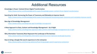 Copyright © 2021 Earley Information Science, Inc. All Rights Reserved.
www.earley.com
www.earley.com
Additional Resources
Knowledge is Power: Context-Driven Digital Transformation
https://www.earley.com/knowledge/white-paper/knowledge-power-context-driven-digital-transformation
Searching for Gold: Harnessing the Power of Taxonomy and Metadata to Improve Search
https://www.earley.com/knowledge/white-paper/searching-gold-harnessing-power-taxonomy-and-metadata-improve-search
New Age of Knowledge Management
https://www.earley.com/blog/new-age-knowledge-management
A New Approach to Data, Content and Knowledge Management - Do it Right
https://www.earley.com/blog/new-approach-data-content-and-knowledge-management-do-it-right
Why Information Taxonomy Must Represent the Landscape of the Business
https://www.earley.com/blog/why-information-taxonomy-must-represent-landscape-business
How to bring a Google-like search experience to the enterprise
https://www.earley.com/training-webinars/how-bring-google-search-experience-enterprise
62
 