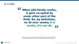 www.earley.com
www.earley.com Copyright © 2021 Earley Information Science, Inc. All Rights Reserved.
When [AI] finally works,
it gets co-opted by
some other part of the
field. So, by definition,
no AI ever works; if it
works, it’s not AI.
7
“
Source: https://ocw.mit.edu/courses/electrical-engineering-and-computer-science/6-825-
techniques-in-artificial-intelligence-sma-5504-fall-2002/lecture-notes/Lecture1Final.pdf
“
AI in 2002
 