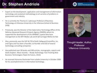 Copyright © 2015 Earley Information Science19
Dr. Stephen Andriole
• Expert on the development, application and management of information
technology and analytical methodology to all varieties of problems in
government and industry
• He is currently the Thomas G. Labrecque Professor of Business
Technology at Villanova University in the Villanova School of Business
(VSB)
• Previously, was the Director of the Cybernetics Technology Office of the
Defense Advanced Research Projects Agency (DARPA) where he
supported the development of the ARPANET, spatial data base
management at the MIT Media Lab and AI @ Carnegie-Mellon & Yale
• Also, previously, was the SVP & CTO of both Safeguard Scientifics, Inc.
and Cigna and has been a founder, co-founder and CEO of several
technology consulting companies
• Has published over 30 books and 500 articles, monographs, reports and
book chapters. Most recently -- Ready Technology: Fast-Tracking New
Business Technologies (Taylor & Francis, 2014)
• He received Honorary Doctorate from LaSalle University in October 2000
for his accomplishments in information technology.
Thought-leader, Author,
Professor
Villanova University
 