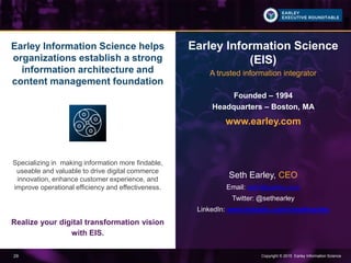Copyright © 2015 Earley Information Science29
Earley Information Science helps
organizations establish a strong
information architecture and
content management foundation
Specializing in making information more findable,
useable and valuable to drive digital commerce
innovation, enhance customer experience, and
improve operational efficiency and effectiveness.
Realize your digital transformation vision
with EIS.
Earley Information Science
(EIS)
A trusted information integrator
Founded – 1994
Headquarters – Boston, MA
www.earley.com
Seth Earley, CEO
Email: seth@earley.com
Twitter: @sethearley
LinkedIn: www.linkedin.com/in/sethearley
 
