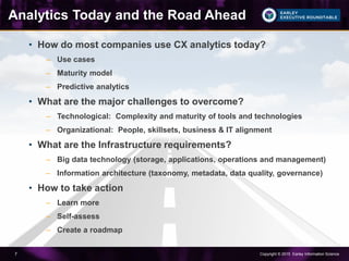 Copyright © 2015 Earley Information Science7
Analytics Today and the Road Ahead
• How do most companies use CX analytics today?
– Use cases
– Maturity model
– Predictive analytics
• What are the major challenges to overcome?
– Technological: Complexity and maturity of tools and technologies
– Organizational: People, skillsets, business & IT alignment
• What are the Infrastructure requirements?
– Big data technology (storage, applications, operations and management)
– Information architecture (taxonomy, metadata, data quality, governance)
• How to take action
– Learn more
– Self-assess
– Create a roadmap
 