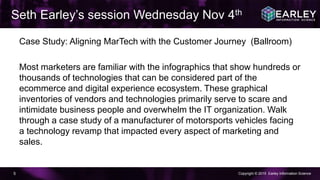 Copyright © 2015 Earley Information Science5
Case Study: Aligning MarTech with the Customer Journey (Ballroom)
Most marketers are familiar with the infographics that show hundreds or
thousands of technologies that can be considered part of the
ecommerce and digital experience ecosystem. These graphical
inventories of vendors and technologies primarily serve to scare and
intimidate business people and overwhelm the IT organization. Walk
through a case study of a manufacturer of motorsports vehicles facing
a technology revamp that impacted every aspect of marketing and
sales.
Seth Earley’s session Wednesday Nov 4th
 