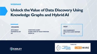 www.earley.com © 2022 Earley Information Science, Inc. All Rights Reserved.
WEBINAR
WEBINAR
SPEAKERS
Unlock theValue of Data Discovery Using
Knowledge Graphs and HybridAI
SETH EARLEY
FOUNDER & CEO
EIS
THANK YOU
CHRISTOPHE AUBRY
GLOBAL HEAD OF VALUE CREATION
EXPERT.AI
HOST
NAV CHAKRAVARTI
EXECUTIVE CLIENT PARTNER
EIS
 