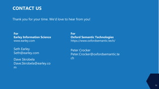 Copyright © 2022 Earley Information Science, Inc. All Rights Reserved.
www.earley.com www.oxfordsemantic.tech
CONTACT US
CONTACT US
50
Thank you for your time. We’d love to hear from you!
For
Earley Information Science
www.earley.com
Seth Earley
Seth@earley.com
Dave Skrobela
Dave.Skrobela@earley.co
m
For
Oxford Semantic Technologies
https://www.oxfordsemantic.tech/
Peter Crocker
Peter.Crocker@oxfordsemantic.te
ch
 
