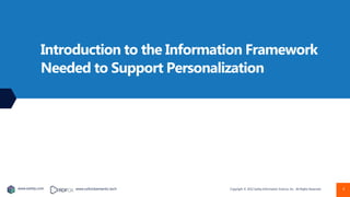 Copyright © 2022 Earley Information Science, Inc. All Rights Reserved.
www.earley.com www.oxfordsemantic.tech
Introduction to the Information Framework
Needed to Support Personalization
6
 